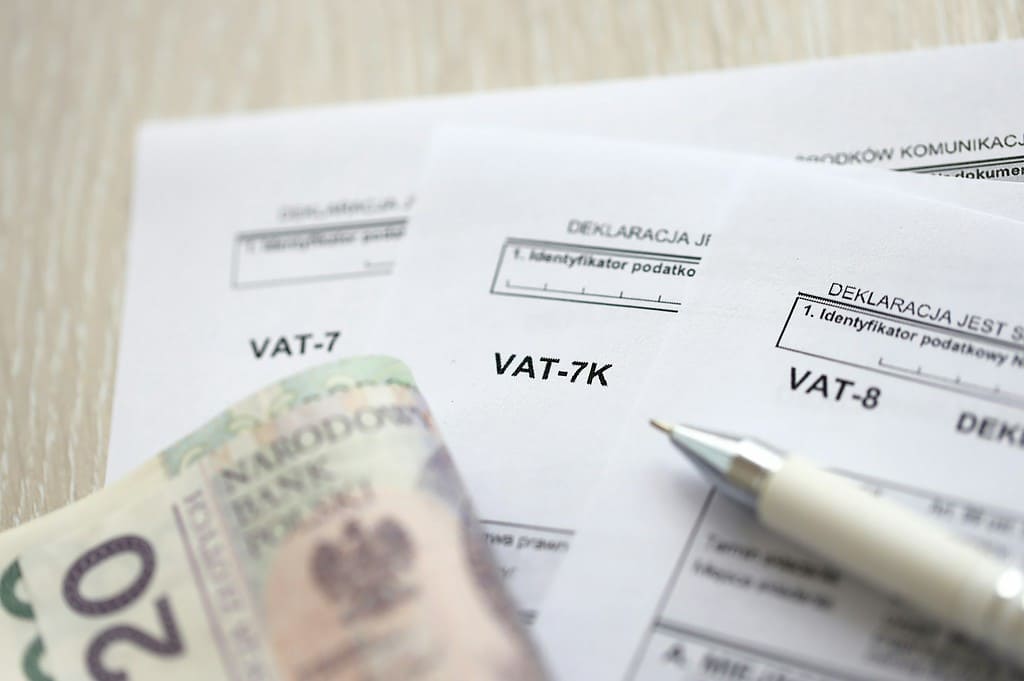 Declaration for tax on goods and services VAT-8, VAT-7K, VAT-7 form on accountant table
